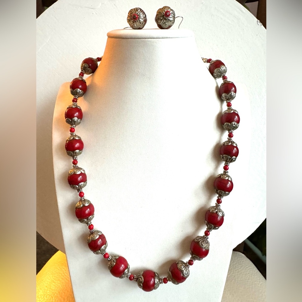 Stunning hand carved and handmade Tibetan silver resin beads necklace & earring